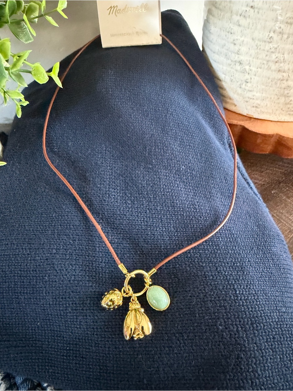 Madewell Semiprecious Stone Charm Necklace Leather Cord NWT